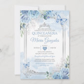 Dusty Blue Quinceañera Silver Crown Butterfly Einladung (Vorderseite)