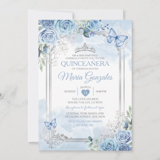 Dusty Blue Quinceañera Silver Crown Butterfly Einladung (Vorderseite)