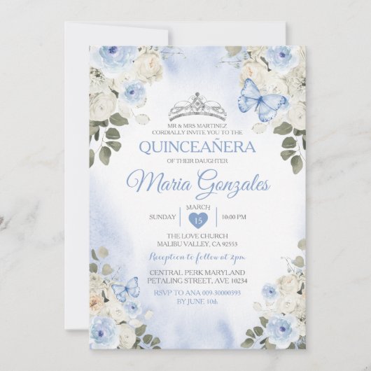 Dusty Blue Quinceañera Silver Crown Butterfly Einladung (Vorderseite)