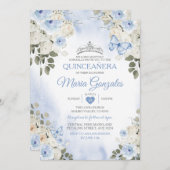 Dusty Blue Quinceañera Silver Crown Butterfly Einladung (Vorne/Hinten)
