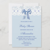 Dusty Blue Regency Bow Pearl Lace Baby Dusche Einladung (Vorderseite)