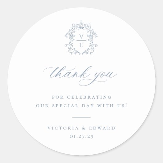 Dusty Blue Regency Crest Wedding Thank You Runder Aufkleber (Vorderseite)