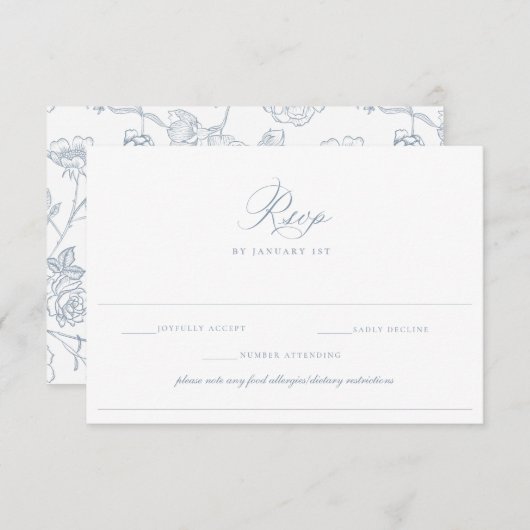 Dusty Blue Regency Floral Food Allergy RSVP Karte (Vorne/Hinten)