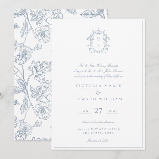 Dusty Blue Regency Wappen Monogram Wedding Einladung (Vorne/Hinten)