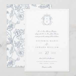 Dusty Blue Regency Wappen Monogram Wedding Einladung