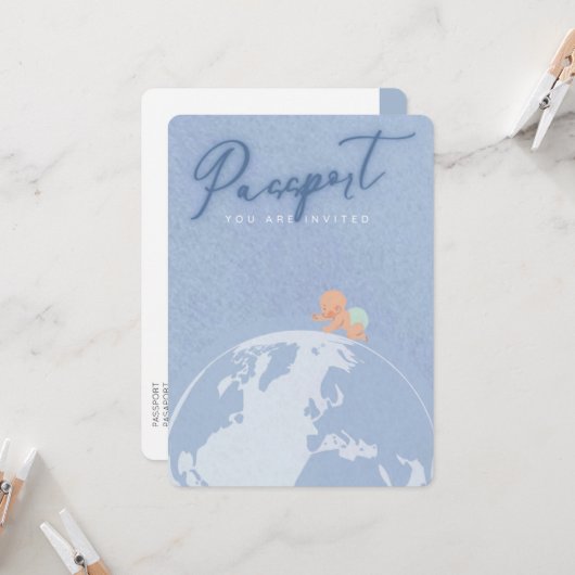Dusty Blue Reisepass Boy Dusche Baby Einladung (Vorderseite/Rückseite Beispiel)