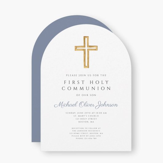 Dusty Blue Religious Boy First Communion Arch Einladung