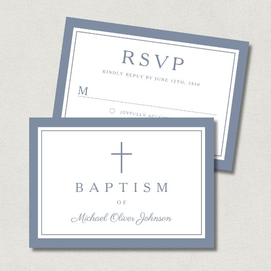 Dusty Blue Religious Cross Boy Baptism  RSVP Karte