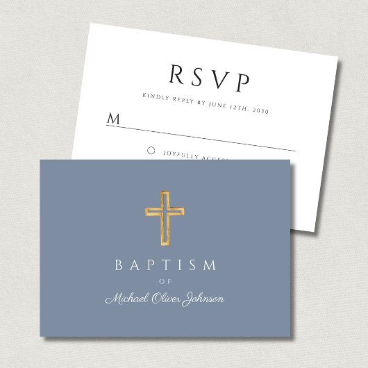Dusty Blue Religious Cross Boy Baptism RSVP Karte