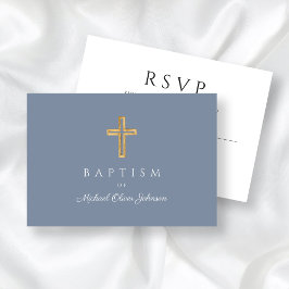 Dusty Blue Religious Cross Boy Baptism RSVP Karte