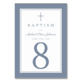 Dusty Blue Religious Cross Boy Baptism Tischnummer (Vorderseite)
