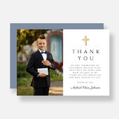 Dusty Blue Religious Cross Boy Erste Kommune Dankeskarte