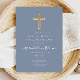 Dusty Blue Religious Cross Boy Erste Kommune Einladung