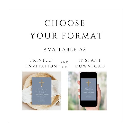 Dusty Blue Religious Cross Boy Erste Kommune Einladung