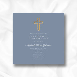 Dusty Blue Religious Cross Boy Erste Kommune Einladung