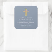 Dusty Blue Religious Cross Boy Erste Kommune Quadratischer Aufkleber (Tasche)