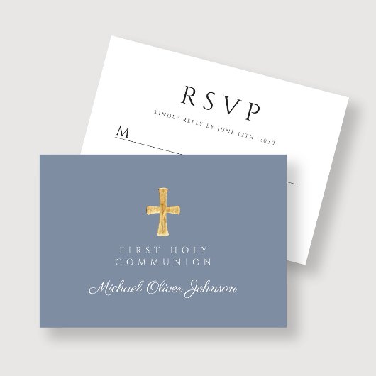 Dusty Blue Religious Cross Boy Erste Kommune RSVP Karte