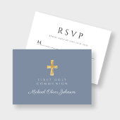 Dusty Blue Religious Cross Boy Erste Kommune RSVP Karte