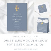 Dusty Blue Religious Cross Boy Erste Kommune RSVP Karte