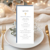 Dusty Blue Religious Cross Boy First Communion Menükarte