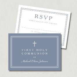 Dusty Blue Religious Cross Boy First Communion RSVP Karte
