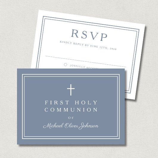 Dusty Blue Religious Cross Boy First Communion RSVP Karte
