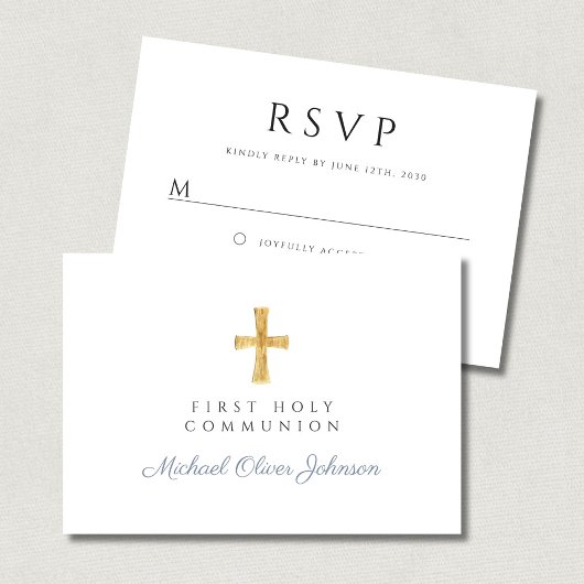 Dusty Blue Religious Cross Boy First Communion RSVP Karte