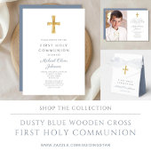 Dusty Blue Religious Cross Boy First Communion RSVP Karte