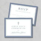 Dusty Blue Religious Cross Boy First Communion  RSVP Karte