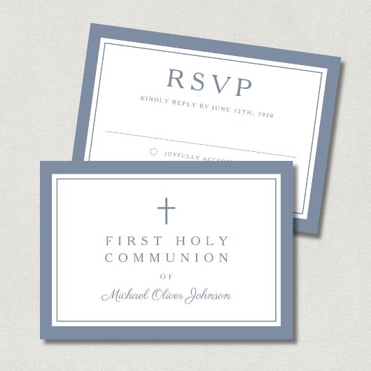 Dusty Blue Religious Cross Boy First Communion  RSVP Karte