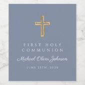 Dusty Blue Religious Cross Boy First Communion Weinetikett (Einzelnes Label)