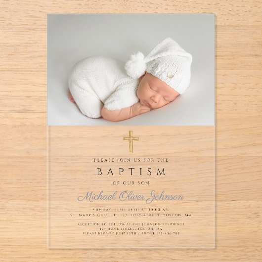 Dusty Blue Religious Cross Boy Foto Taufe Acryleinladungen (Vorderseite)