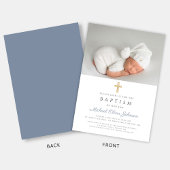 Dusty Blue Religious Cross Boy Foto Taufe Einladung