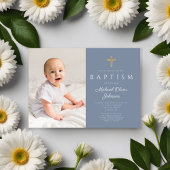 Dusty Blue Religious Cross Boy Foto Taufe Einladung