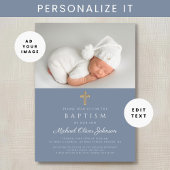 Dusty Blue Religious Cross Boy Foto Taufe Einladung