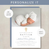 Dusty Blue Religious Cross Boy Foto Taufe Einladung