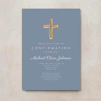Dusty Blue Religious Wood Cross Boy Bestätigung Einladung