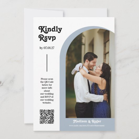 Dusty Blue Retro Arch Foto QR Code UAWG Groovy Einladung (Rückseite)