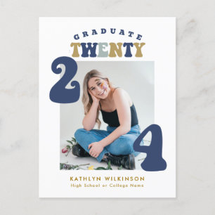 Dusty Blue Retro Groovy Fun Scrip Foto Abschluss Einladungspostkarte