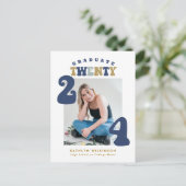 Dusty Blue Retro Groovy Fun Scrip Foto Abschluss Einladungspostkarte (Stehend Vorderseite)