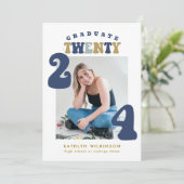 Dusty Blue Retro Groovy Script Foto Abschluss Einladung (Stehend Vorderseite)