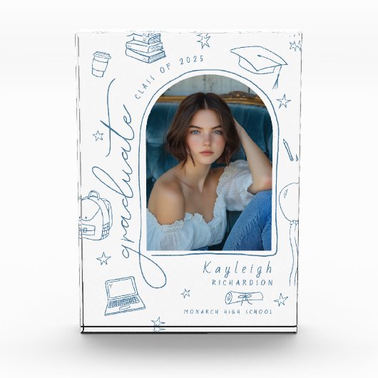 Dusty Blue Retro Hand Drawing Abschluss Foto Block (Vorderseite)