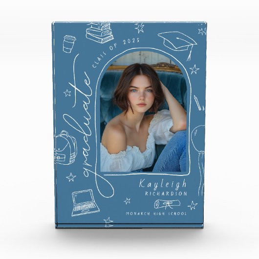 Dusty Blue Retro Hand Drawing Abschluss Foto Block (Vorderseite)