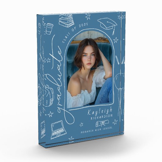 Dusty Blue Retro Hand Drawing Abschluss Foto Block (Links)