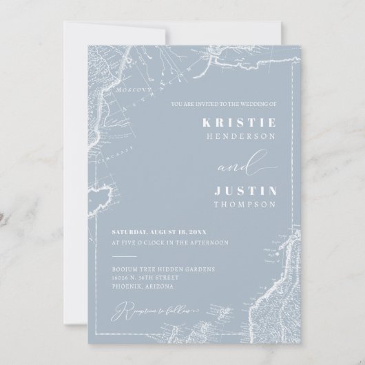 Dusty Blue Retro Travel QR Code Foto Wedding Einladung (Vorderseite)