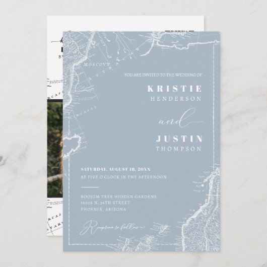 Dusty Blue Retro Travel QR Code Foto Wedding Einladung (Vorne/Hinten)