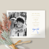 Dusty Blue Ribbon Bow | Aus Weiß Save the Date Einladung