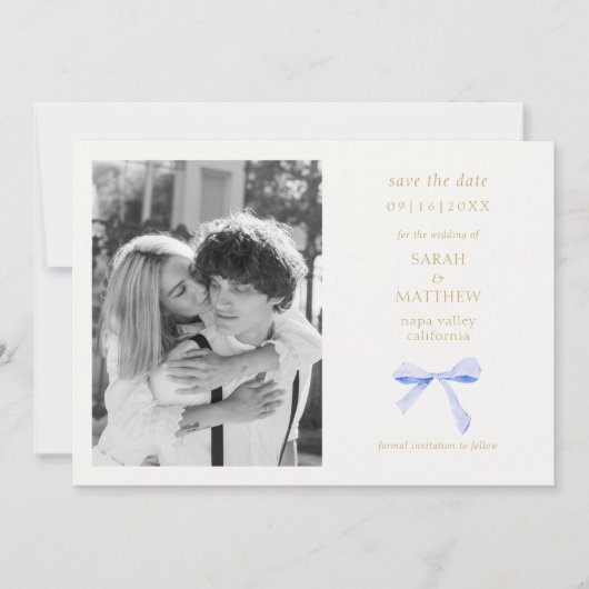Dusty Blue Ribbon Bow | Aus Weiß Save the Date Einladung (Vorderseite)