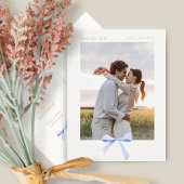 Dusty Blue Ribbon Bow | Aus Weiß Save the Date Postkarte