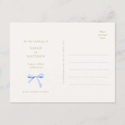 Dusty Blue Ribbon Bow | Aus Weiß Save the Date Postkarte (Rückseite)